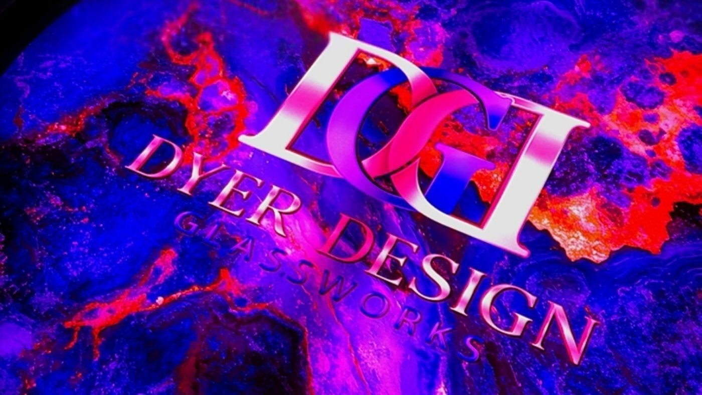 One of one illuminated glass table with a color shifting marbled top and the Dyer Design Glassworks mark