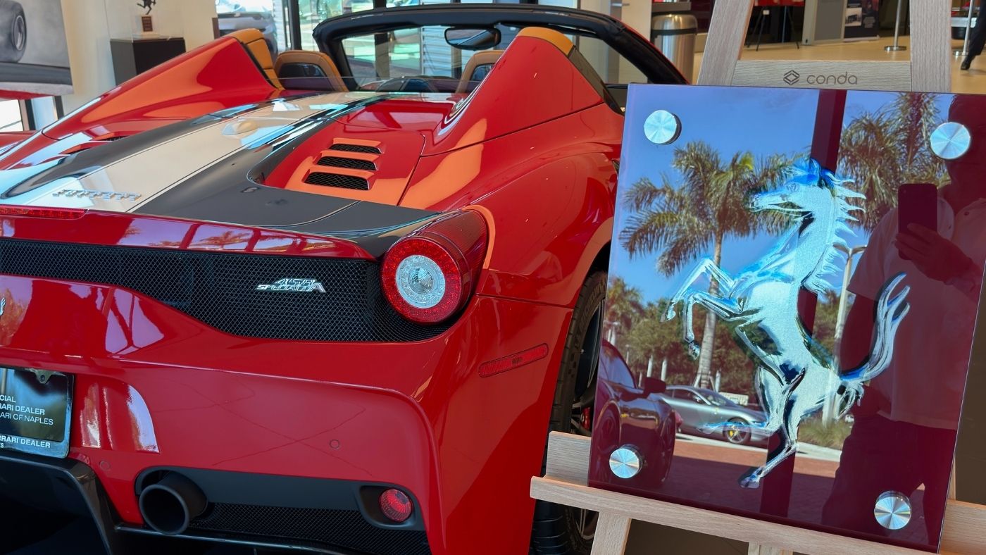 Ferrari themed illuminated glass art piece with the Dyer Design Glassworks mark